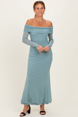 Blue Mesh Overlay Off Shoulder Long Sleeve Maternity Midi Dress