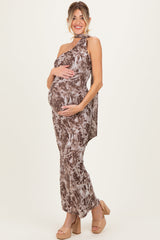 Mocha Printed Halter Maternity Maxi Dress