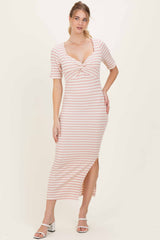 Cream/ Pink Striped Knit Short Sleeve Maternity Maxi Dress