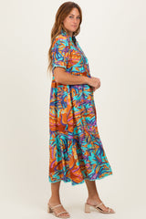 Aqua Mix Leaf Print Pocketed Maternity Midi Dress