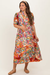 Pink Mix Leaf Print Pocketed Maternity Midi Dress