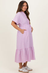 Pink Striped Button Collared Maternity Midi Dress