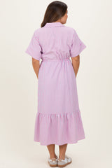 Pink Striped Button Collared Maternity Midi Dress