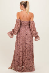 Mauve Lace Off Shoulder Long Sleeve Maternity Maxi Dress