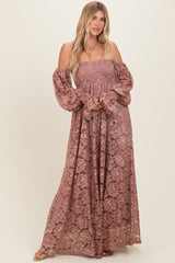 Mauve Lace Off Shoulder Long Sleeve Maternity Maxi Dress