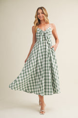 Basil Gingham Tie Front Racerback Maternity Midi Dress