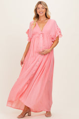 Pink Button Down Deep V-Neck Maternity Maxi Dress