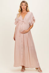 Light Pink Button Down Deep V-Neck Maternity Maxi Dress