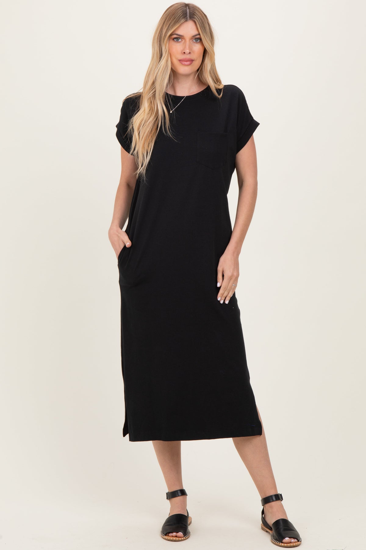 Black Pocket Front Maternity Midi T-Shirt Dress
