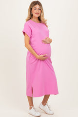 Pink Pocket Front Maternity Midi T-Shirt Dress