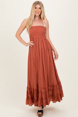Rust Smocked Halter Open Back Maternity Maxi Dress