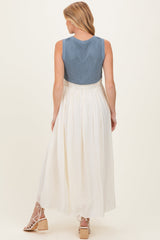 Dusty Blue Knit Bodice Contrast Skirt Maternity Maxi Dress