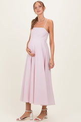 Light Pink Linen A-Line Flared Maternity Midi Dress