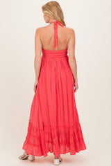 Coral Halter Neck Smocked Maternity Maxi Dress