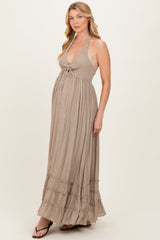 Taupe Halter Neck Smocked Maternity Maxi Dress