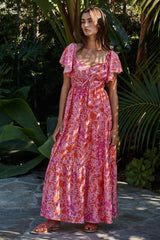 Fuchsia Floral Waist Tie Open Back Maternity Maxi