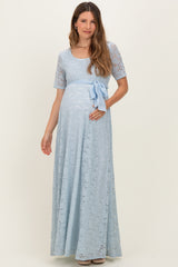 Light Blue Lace Sash Tie Maternity Gown