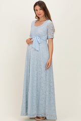 Light Blue Lace Sash Tie Maternity Gown