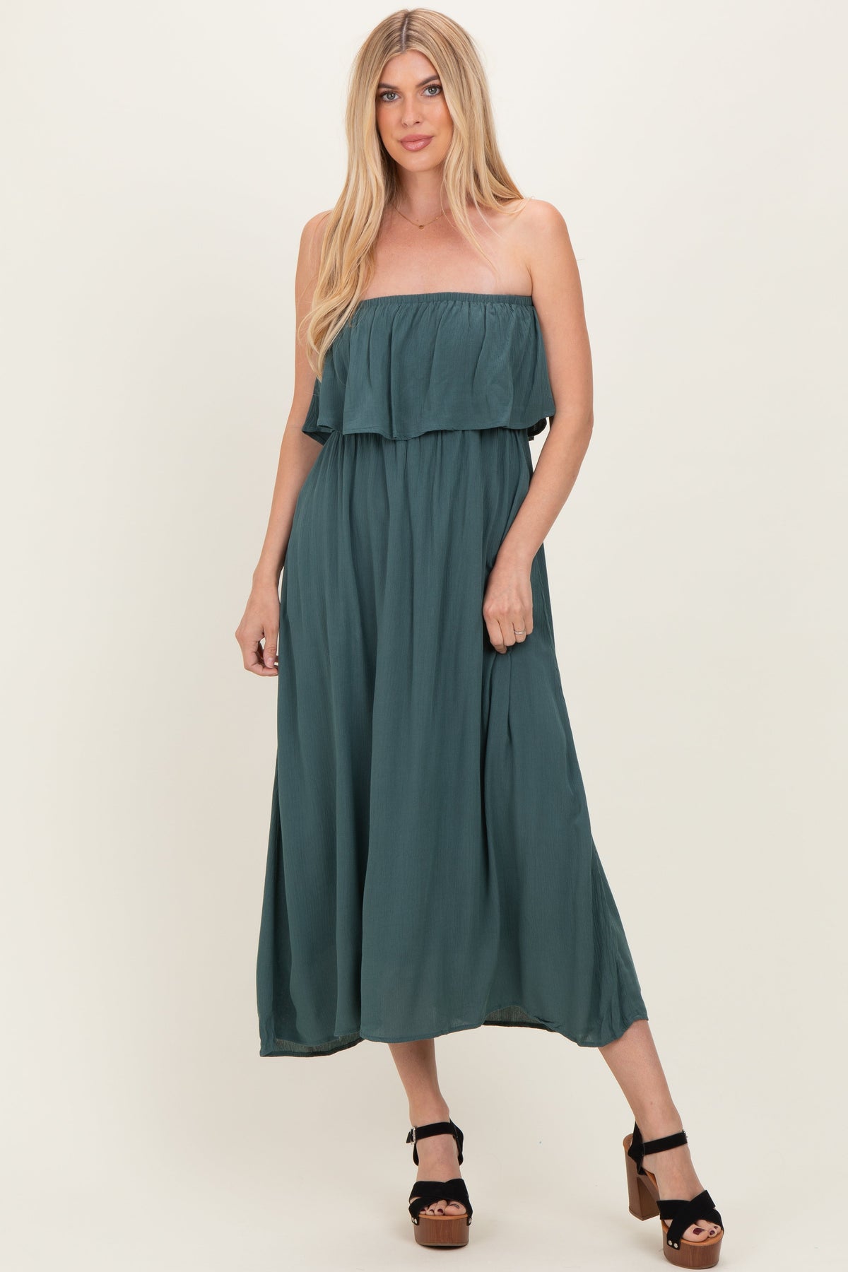 Ash Jade Woven Crinkle Flounce Strapless Maternity Maxi Dress