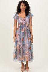 Multicolor Floral Mesh Smocked Cinched Bodice Maternity Midi Dresses
