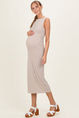 Mocha Striped Boat Neck Sleeveless Maternity Midi Dress
