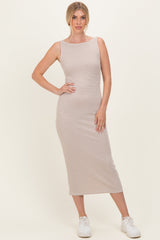 Mocha Striped Boat Neck Sleeveless Maternity Midi Dress