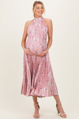 Light Pink Floral Pleated Halter Maternity Midi Dress