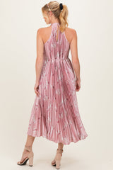 Light Pink Floral Pleated Halter Maternity Midi Dress