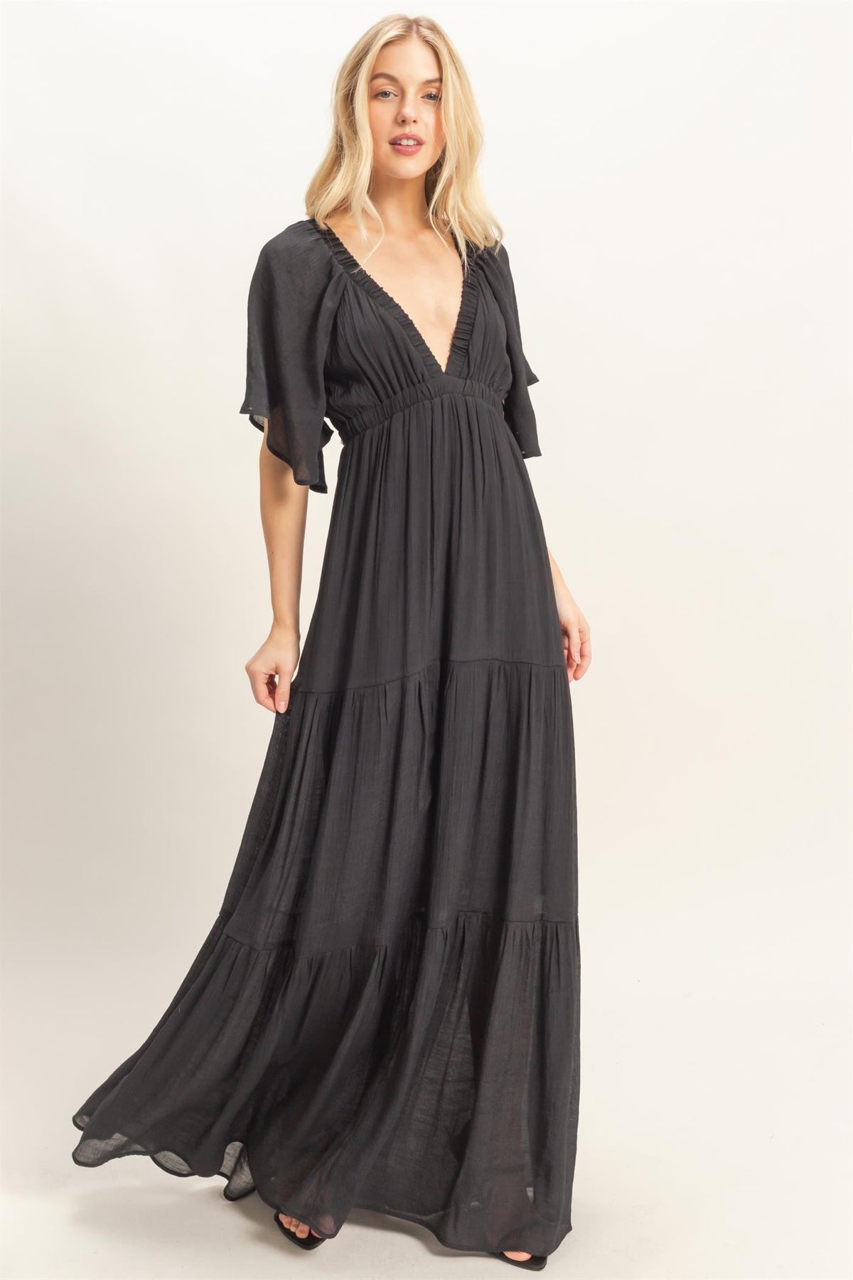 Black Flutter Sleeve Maternity Maxi Dress