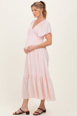 Light Pink Smocked Maternity Midi Dress