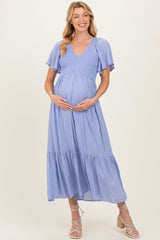 Blue Smocked Maternity Midi Dress