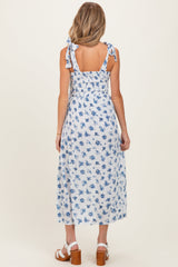 Ivory Smocked Bodice Tie Straps Floral Print Maternity Maxi Dress