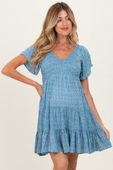 Blue V Neck Smocked Bust Short Sleeve Short Maternity Dress