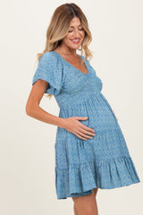 Blue V Neck Smocked Bust Short Sleeve Short Maternity Dress
