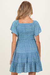Blue V Neck Smocked Bust Short Sleeve Short Maternity Dress