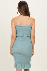 Light Blue Smocked Ruffle Hem Maternity Dress