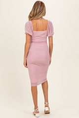 Pink Polka Dot Mesh Square Neck Puff Sleeve Maternity Dress