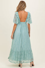 Sage Aqua Lace Flutter Sleeve Tiered Maternity Maxi Dress
