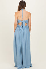 Light Blue Pleated V-Neck Maternity Maxi Dress
