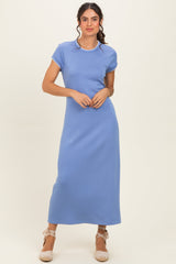 Chambray Blue Contrast Trim Short Sleeve Maternity Midi Dress