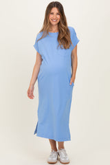 Cornflower Blue Pocket Front Maternity Midi T-Shirt Dress