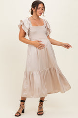 Champagne Satin Flutter Sleeve Maternity Midi Dress