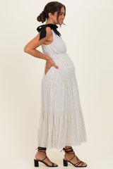 White Polka Dot Shoulder Tie Maternity Dress