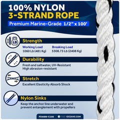 1/2" x 100' Premium 3-Strand Nylon Anchor Line - FO4486-C100 - Five Oceans