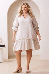 Mid-Sleeve Tiered Midi Dress in Oatmeal - Lauren