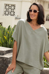 Gemma Short Sleeve V Neck Top Sage
