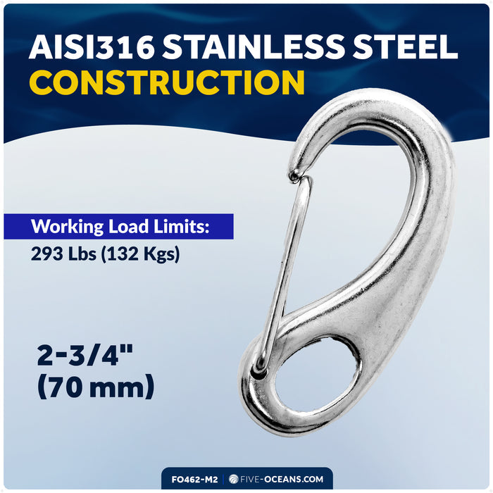 2-3/4" Spring Gate Snap Hook, AISI316 Stainless Steel, 2-Pack - FO462-M2 - Five Oceans