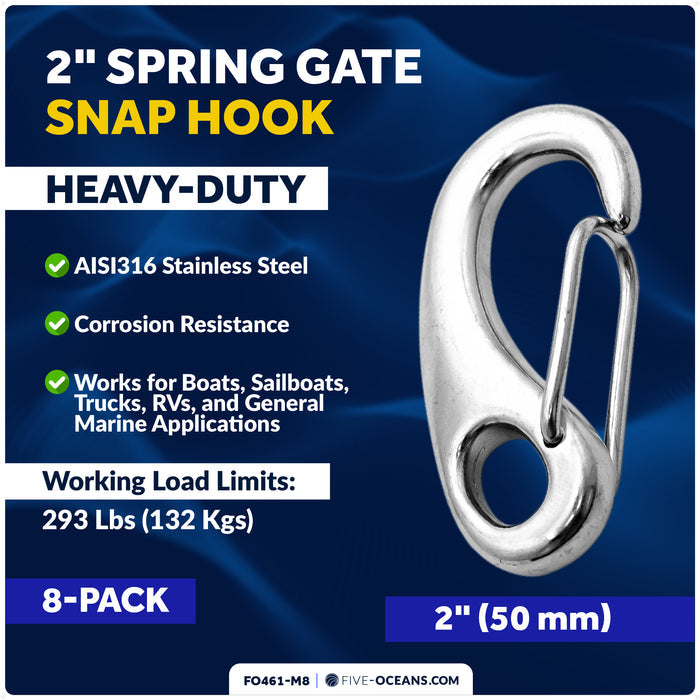 2" Spring Gate Snap Hook, AISI316 Stainless Steel, 8-Pack - FO461-M8 - Five Oceans