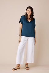 Bianca Short Sleeve Top Navy with V Neck