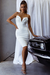Dreamers Deep V Frill-Trimmed Bust Knee Length Dress White